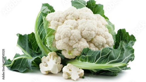 Fresh cauliflower with green leaves isolated on white background