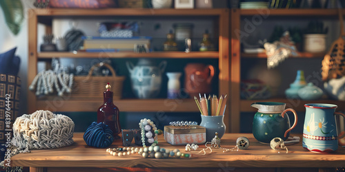 Handmade Haven: A desk filled with handcrafted items like jewelry, pottery, and knitted goods, representing a crafter's personal touch
