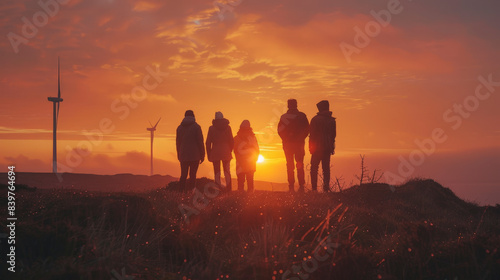 A group of five people stand together on a hill, watching a beautiful sunset with wind turbines in the background.
