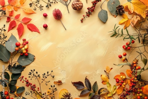 Autumn frame with yellow leaves, flowers and berries on yellow stone background for banner with copy space. Flat lay, top view. Thanksgiving, Halloween and Harvest day concept. 