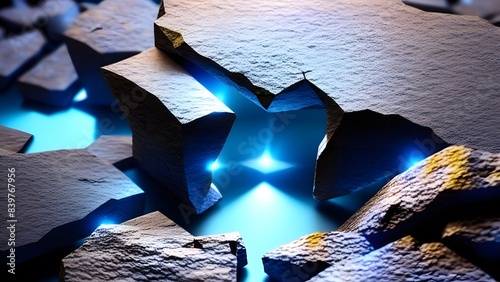 割れた石と青い光が所々ちりばめられた背景イラスト