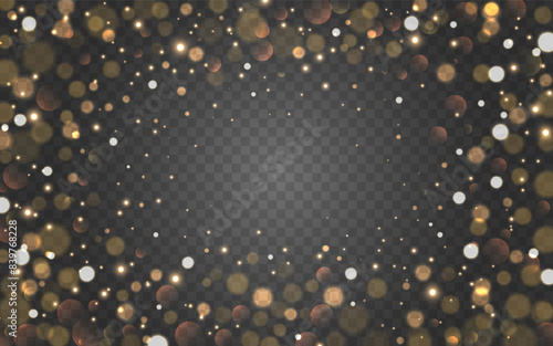 Bokeh frame. Gold blurred border. Christmas shining template. Bright circles for greeting card or invitation. Abstract lens flares on transparent background. Vector illustration.