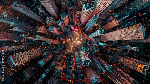 A stunning aerial view of a cityscape at night, showcasing towering skyscrapers illuminated by vibrant lights and busy streets below.
