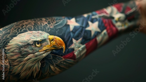 Vibrant and detailed tattoo sleeve featuring an eagle and American flag, symbolizing patriotism and strength, set against a dark background.