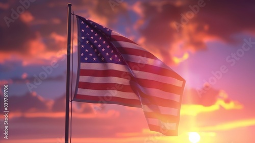 American flag waving in the wind against a vibrant sunset sky. Symbolizing freedom, patriotism, and national pride.
