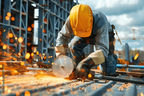 worker grinding a piece of metal, wear complete safety equipment