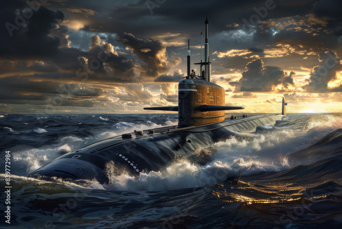 The imposing presence of a modern attack submarine on the surface of the sea, focusing on its formidable design and the firepower it carries - Generative AI