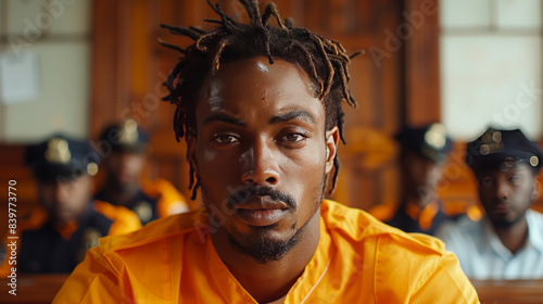 Black man wearing orange prison clothes with angry stare expression, little open mouth speaking, police in the back,generative ai