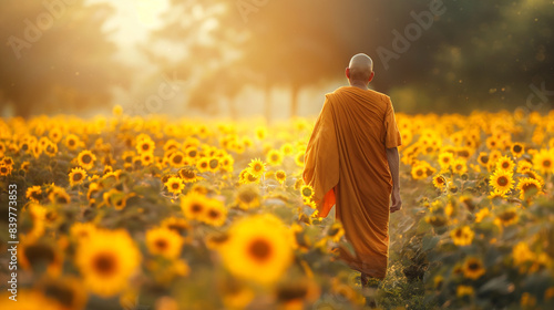 Monge sereno caminhando no campo de girassol flores amarelas brilhantes conceito espiritual