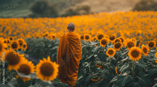 Monge sereno caminhando no campo de girassol flores amarelas brilhantes conceito espiritual