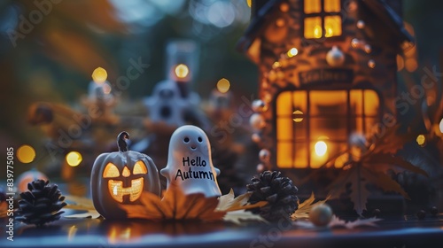 Jack-o'-lantern and ghost figure with 'Hello Autumn' sign in autumn setting with pine cones and leaves
