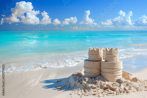 Copy space of a sand castle on a sea beach during summer vacation, featuring the serene ocean, excellent for designing vacation travel wallpaper and promotional materials