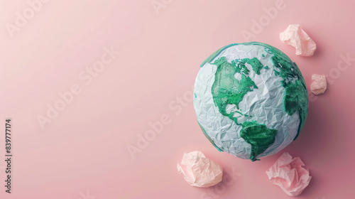 paper mache Earth globe with crumpled paper on a soft pink background, with copy space for text