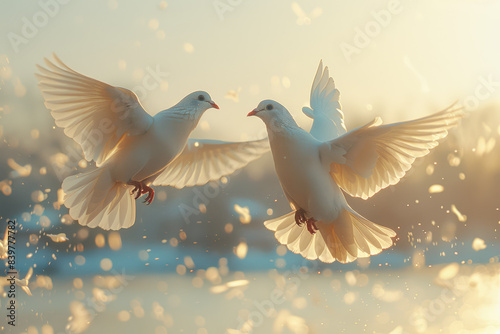 A couple releasing doves into the sky. Concept of peace and new beginnings. Generative Ai.