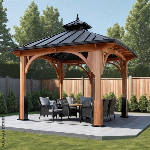 3D image of a Outdoor Patio Premium Cedar Wood Frame Gazebo with Matte Black Steel Gable Hardtop Roof with isolated white background,