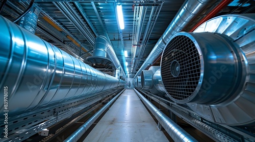 Massive air ducts running along the ceiling, with rotating fans visible through grated covers, and the whole setup bathed in cool, bluish light. shiny, Minimal and Simple,