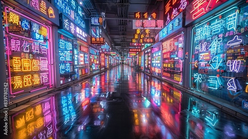 Neon signs in various languages and symbols, adding a vibrant, chaotic element to the otherwise industrial scene, casting colorful reflections. shiny, Minimal and Simple,