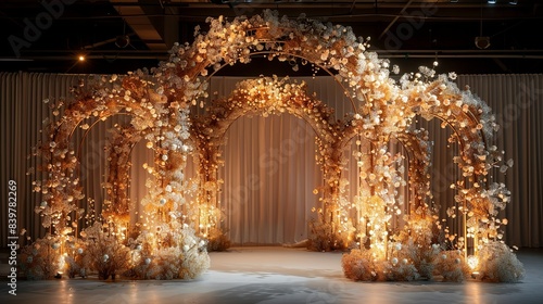 The archway illuminated by soft, diffused lighting, highlighting the delicate flowers intertwined within the structure, creating a serene and elegant ambiance. shiny, Minimal and Simple,