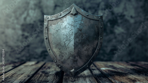 Uma imagem conceitual de um escudo feito de materiais resistentes, simbolizando proteção e segurança contra ameaças ou perigos externos, com foco na resiliência e força do escudo.