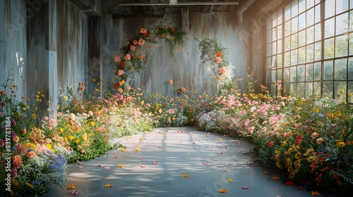 The archway with a mix of wildflowers and cultivated blooms, creating a rustic, natural look under the soft illumination of studio lights. shiny, Minimal and Simple,