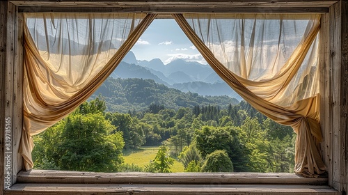 The elegance of fabric moving with the wind, framed by a weathered wooden door and the serene setting of a forest and mountain range. shiny, Minimal and Simple,