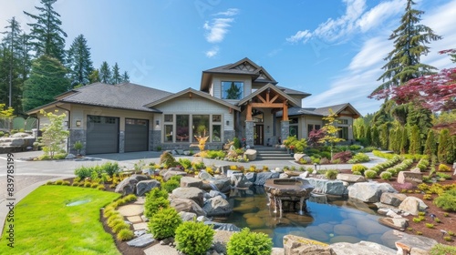 Beautiful long two story tall Northwest Home Exterior in grey green with spring landscaping and large driveway, garden and large pond fountain with rocks