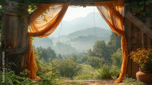 The natural beauty of fabric blowing in the wind, hanging from a wooden door and surrounded by the tranquility of a forest and mountain landscape. shiny, Minimal and Simple,