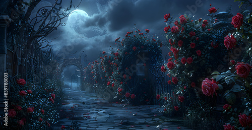 A dark, moonlit night with a path of roses and a cemetery