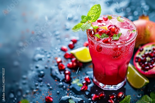 Close up of pomegranate drink with liquid, fruit, food keywords