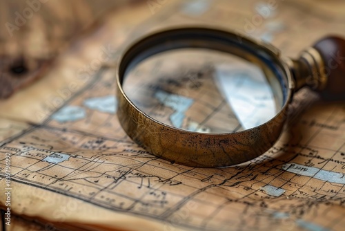 Close-up of a vintage magnifying glass placed on an old, detailed world map, focusing on specific regions with an antique, nostalgic ambiance