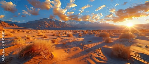 Wide-angle shot of a dramatic desert landscape at dusk,
