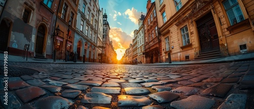 Fisheye view of a historic city street with cobblestones,