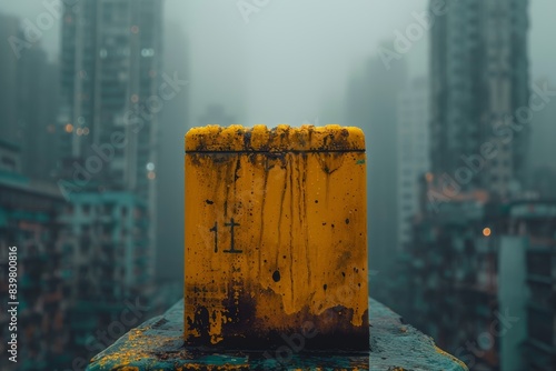 A weathered yellow parapet with the number 1, standing out in sharp contrast against the backdrop of a foggy, towering urban cityscape