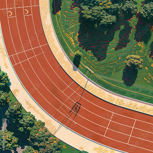 Eagle aye view of an Olympic track with trees in the background. The track curves slightly to the right. It's a lovely sunny day.