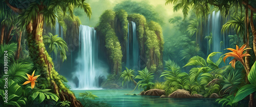 Enchanting waterfall in a lush jungle, surrounded _esrgan