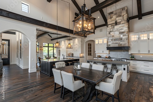 an open concept kitchen and dining room in a luxury home, with white cabinets and dark trim, a stone backsplash