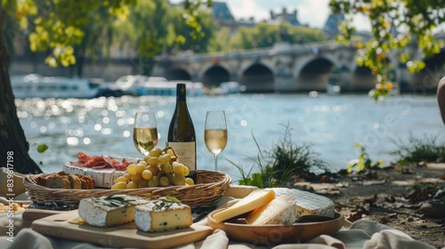 Luxury picnic in Paris with a cheese plateau and wine by the Seine, generative ai