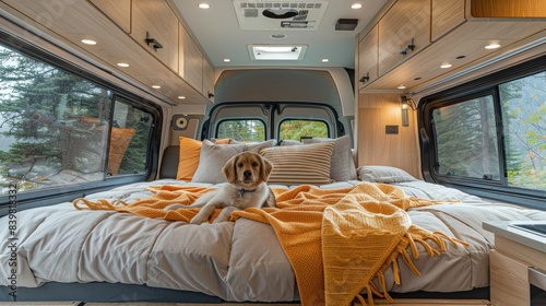 Van life pet companion, Camper with a furry friend, Relaxing inside a studio-created van with cozy blankets
