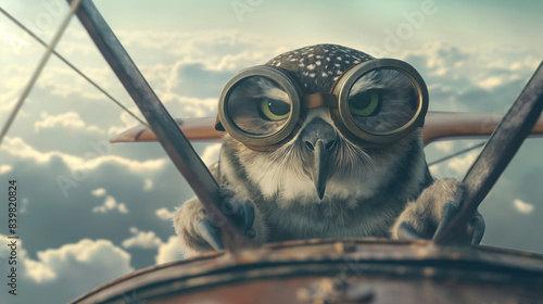 Incrível de um animal noturno, uma coruja em óculos de aviador pilotando uma aeronave vintage, com fundo desfocado, acima das nuvens, Sharpen banner cinematográfico com espaço de cópia