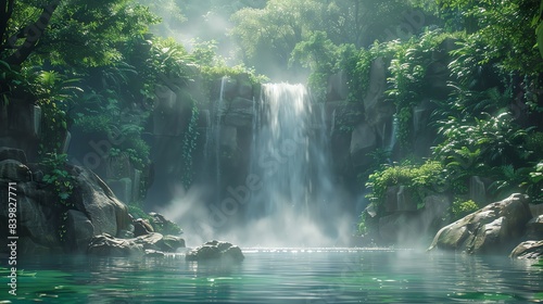 Majestic waterfall cascading into a serene pool, surrounded by lush greenery and rocks, mist in the air