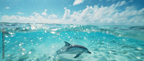 A playful image of a dolphin leaping out of crystal-clear ocean waters, droplets frozen in mid-air, the horizon visible in the background under a bright blue sky