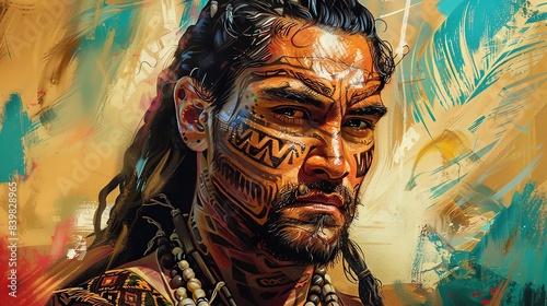 Illustration of a traditional Maori warrior, detailed tattoos and vibrant attire, cultural significance