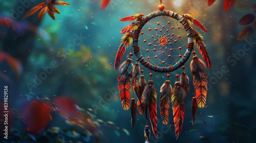 Illustration of a traditional Native American dreamcatcher, vibrant colors and intricate details, cultural symbolism