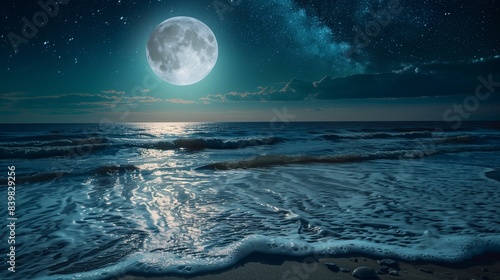 The moon casting a silvery light over a serene sea, with gentle waves lapping against the shore under a starry sky.