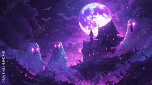Illustration of a spooky Halloween night with ghosts and bats, eerie and detailed