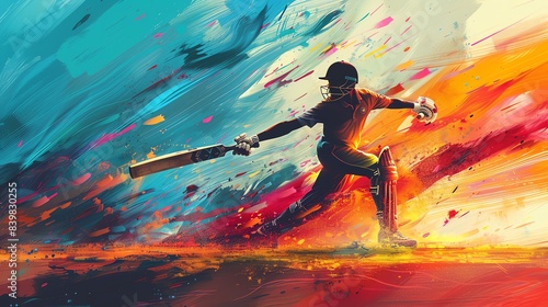 Illustration of a person playing cricket, vibrant field and dynamic action, competitive and exciting