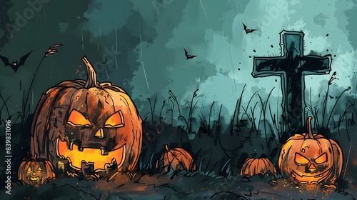Realistic hand drawn halloween illustration with pumpkins and graveyard