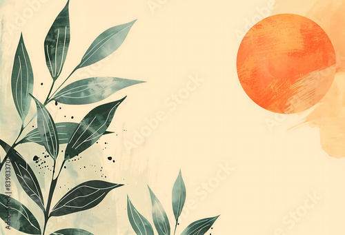A minimalist abstract landscape with muted tones and earth-tone colors. The scene features large orange circles in the sky, soft hills, and plants in the background with free space for text.