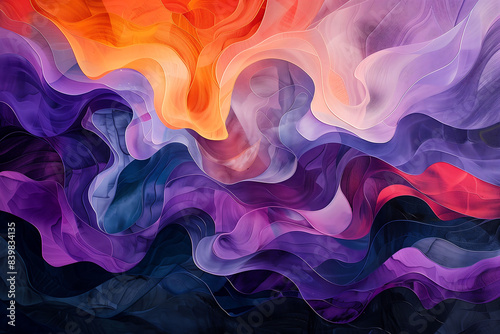 Abstract fluid design with flowing curves and a dynamic interplay of light and color. A blend of purple and warm orange tones. The soft, swirling shapes evoke a feeling of energy and fluidity.