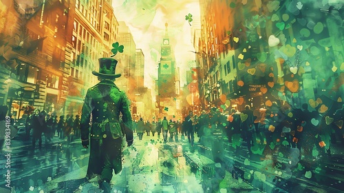 Detailed sketch of a St. Patrick's Day parade with shamrocks and leprechauns, festive and vibrant